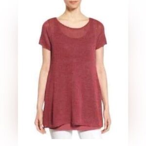 Eileen Fisher Linen Blend Stretch Scoop Neck Short Sleeve Tunic Sweater Size S
